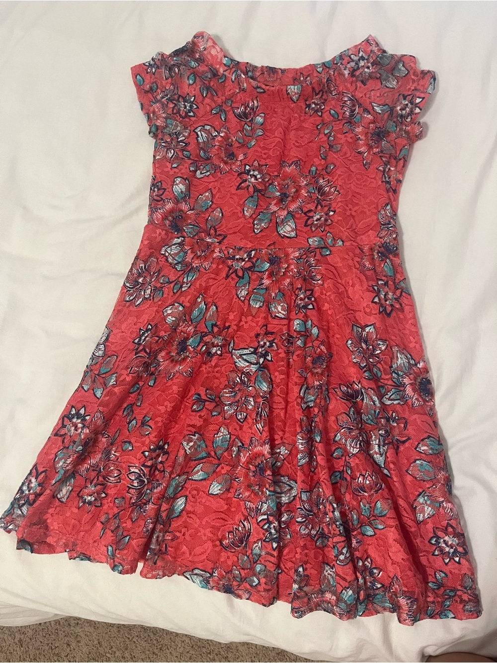 belk Coral Floral Lace Overlay Party Dress with Teal Accents
